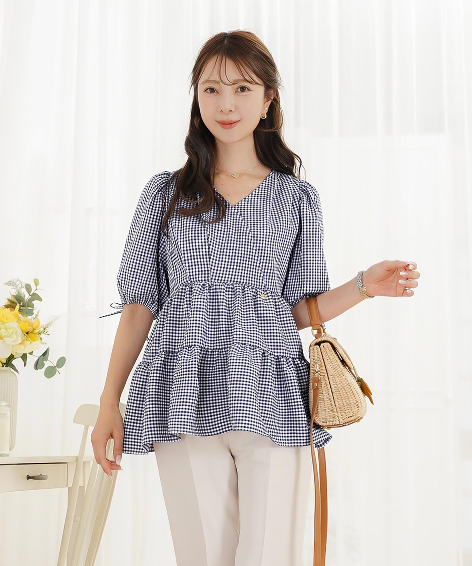 レディース/トップス/ブラウス/ギャザー/ペプラム/ボリューム/フレア/半袖/パフスリーブ/袖口ゴム/ウエストゴム/ギンガムチェック/柄/ホワイト/ピンク/ブラック/イージーケア/春/夏/秋