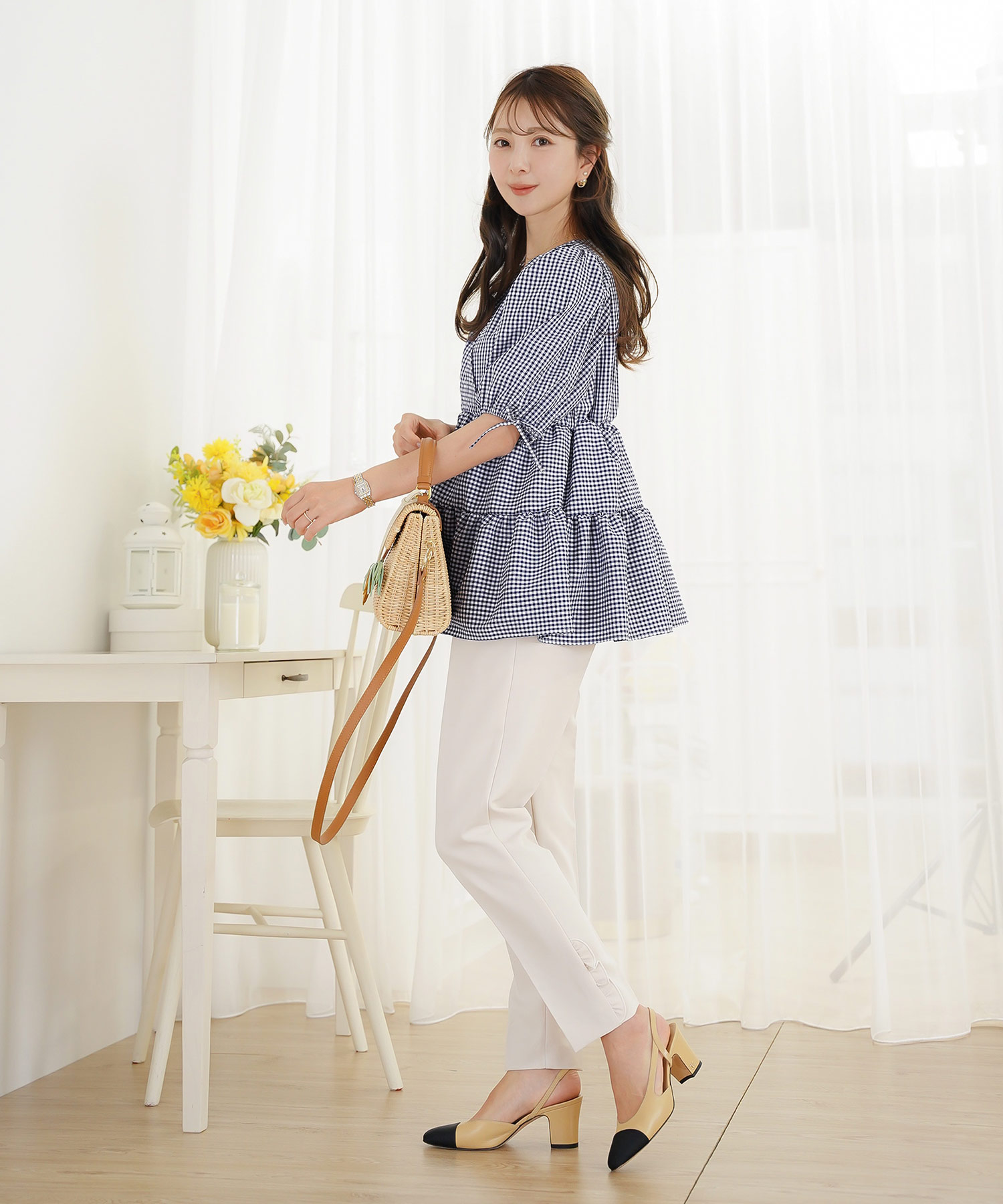 レディース/トップス/ブラウス/ギャザー/ペプラム/ボリューム/フレア/半袖/パフスリーブ/袖口ゴム/ウエストゴム/ギンガムチェック/柄/ホワイト/ピンク/ブラック/イージーケア/春/夏/秋