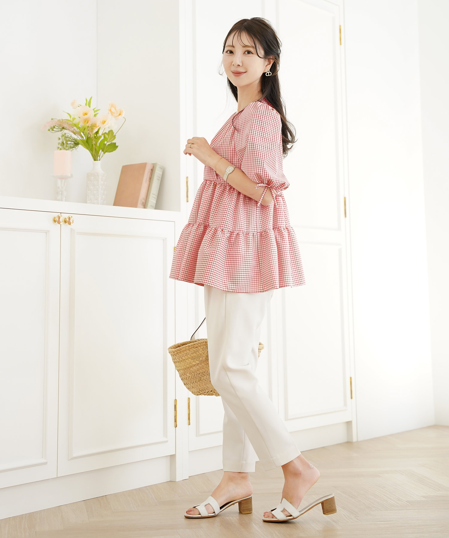 レディース/トップス/ブラウス/ギャザー/ペプラム/ボリューム/フレア/半袖/パフスリーブ/袖口ゴム/ウエストゴム/ギンガムチェック/柄/ホワイト/ピンク/ブラック/イージーケア/春/夏/秋