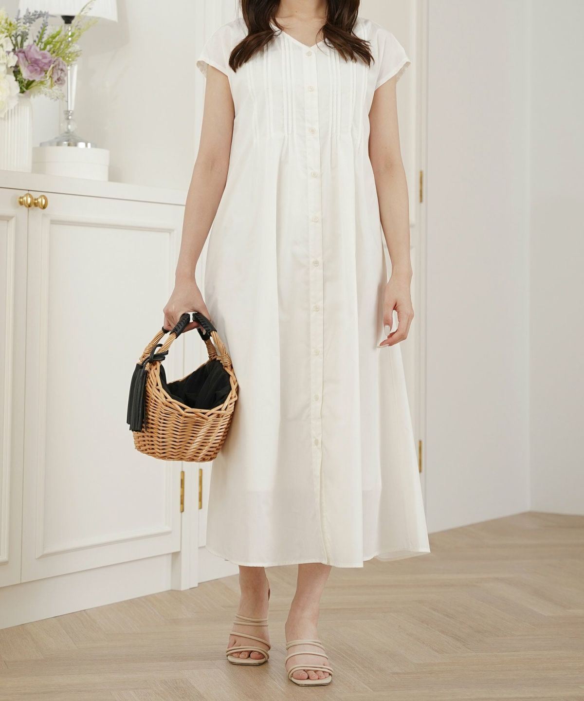 セレクトレディースワンピースロング春夏秋半袖袖なしシャツ素材かわいい洗える白黒ジョイントスペース