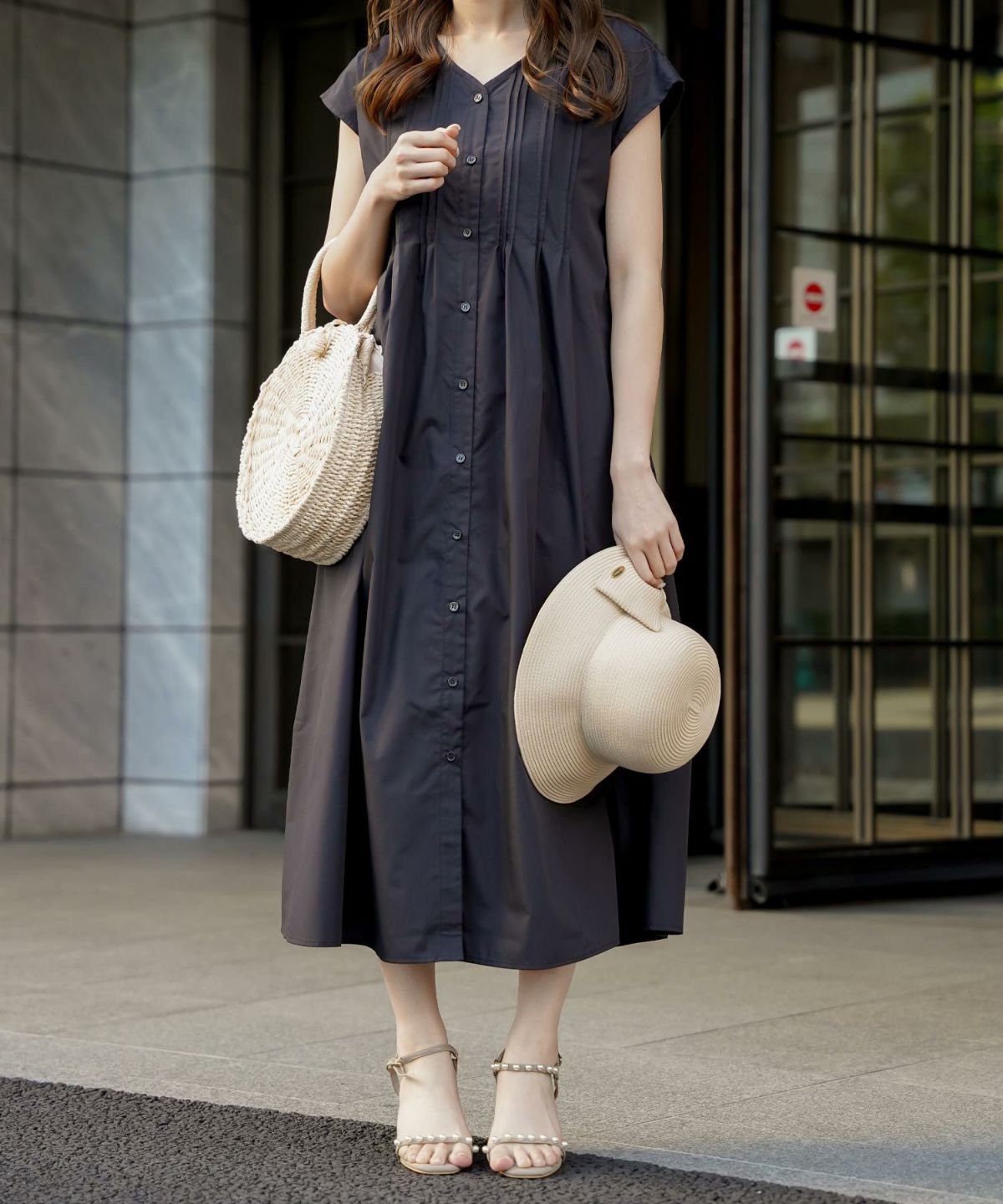 セレクトレディースワンピースロング春夏秋半袖袖なしシャツ素材かわいい洗える白黒ジョイントスペース