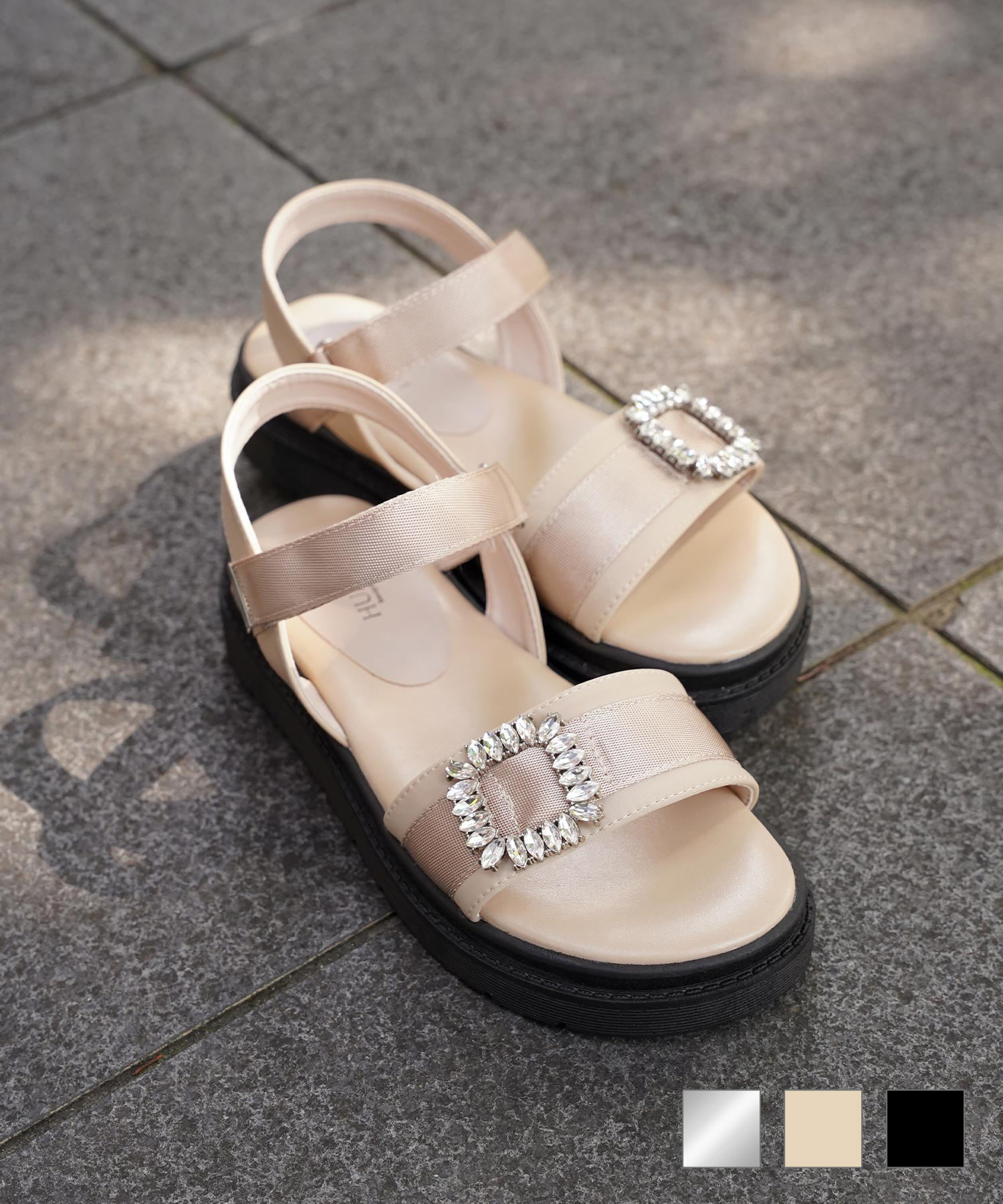 セレクト ビジュー スクエアバックル サンダル HUIT シルバー ベージュ ブラック