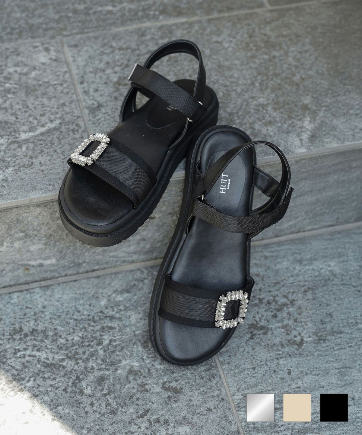 セレクト ビジュー スクエアバックル サンダル HUIT シルバー ベージュ ブラック