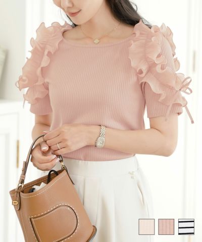 SUMMER-SALE フリル袖 リブカットソー le reve vaniller 全3色