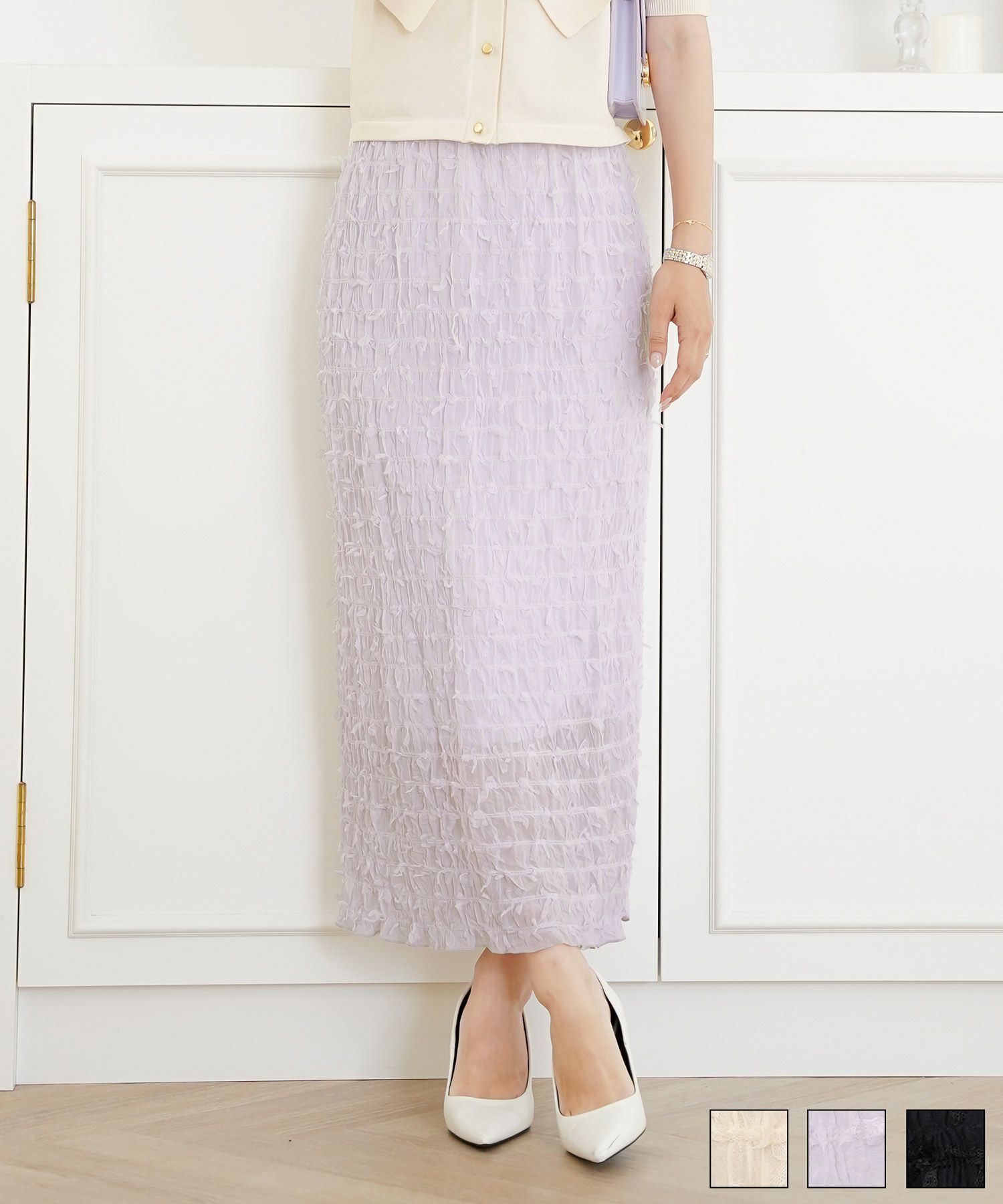 シャーリングリボンチュールタイトスカートlerevevanillerアイボリー/ラベンダー/ブラック