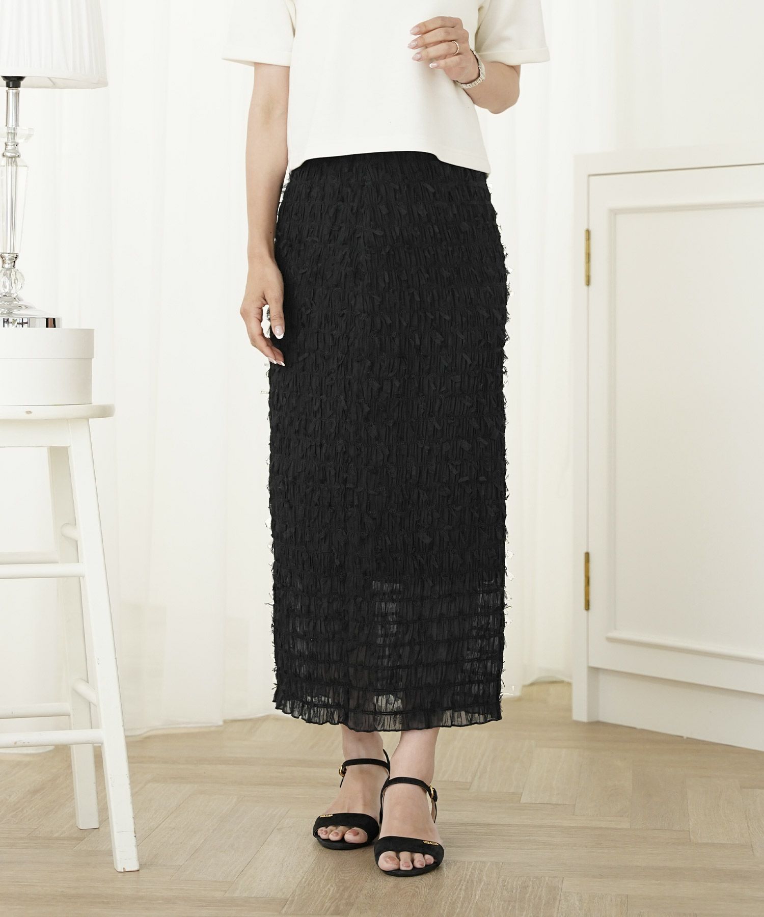 レディース/ボトムス/スカート/タイトスカート/ロング/マキシ/アイボリー/ラベンダー/ブラック/透け感/リボン/チュール/春/夏/秋/シアー/ウエストゴム/伸縮性/フェミニン/上品/エレガント/大人