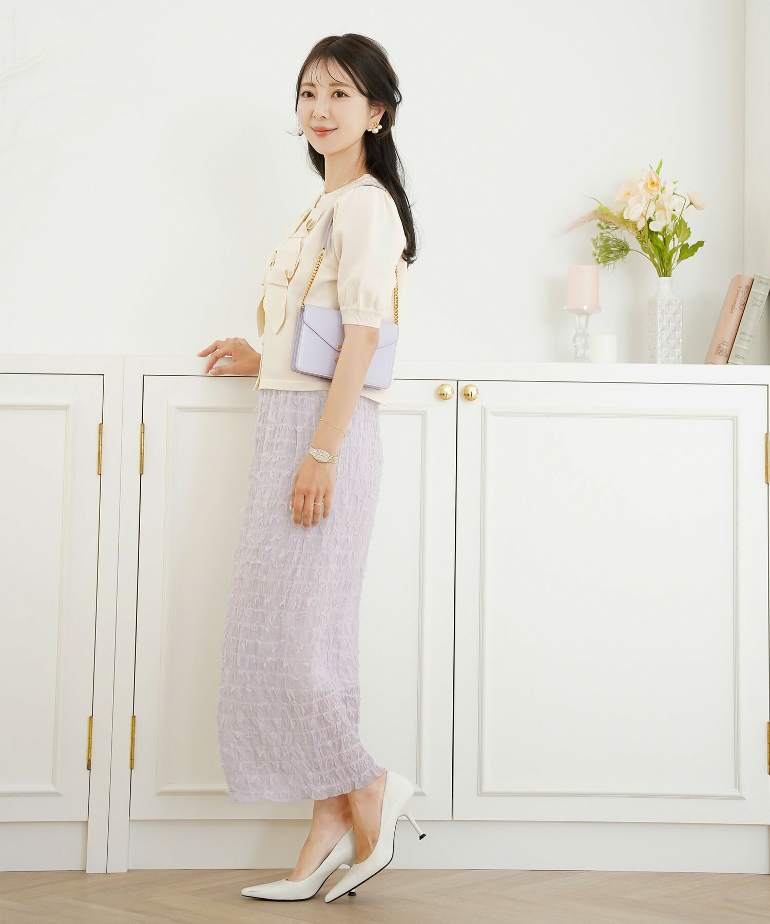 レディース/ボトムス/スカート/タイトスカート/ロング/マキシ/アイボリー/ラベンダー/ブラック/透け感/リボン/チュール/春/夏/秋/シアー/ウエストゴム/伸縮性/フェミニン/上品/エレガント/大人