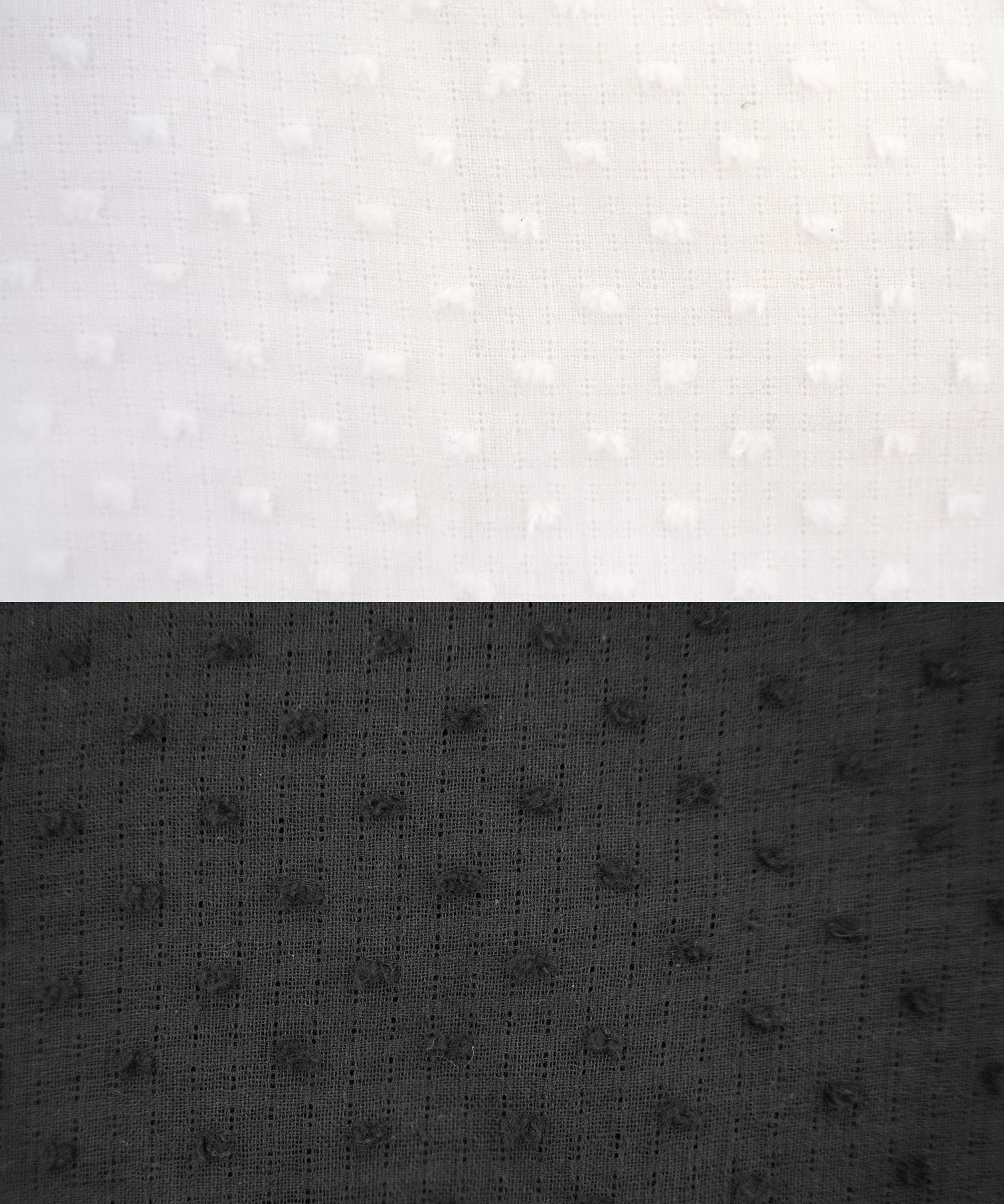 レディース/トップス/ブラウス/ショート丈/コンパクト丈/ドビー/ドット/表面変化/袖口ゴム/半袖/5分袖/二の腕カバー/ハイウエスト/フリル/涙あき/クルーネック/ホワイト/ブラック/カジュアル/エレガント/フェミニン/可愛い