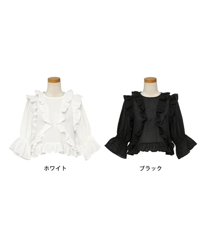 レディース/トップス/ブラウス/ショート丈/コンパクト丈/ドビー/ドット/表面変化/袖口ゴム/半袖/5分袖/二の腕カバー/ハイウエスト/フリル/涙あき/クルーネック/ホワイト/ブラック/カジュアル/エレガント/フェミニン/可愛い