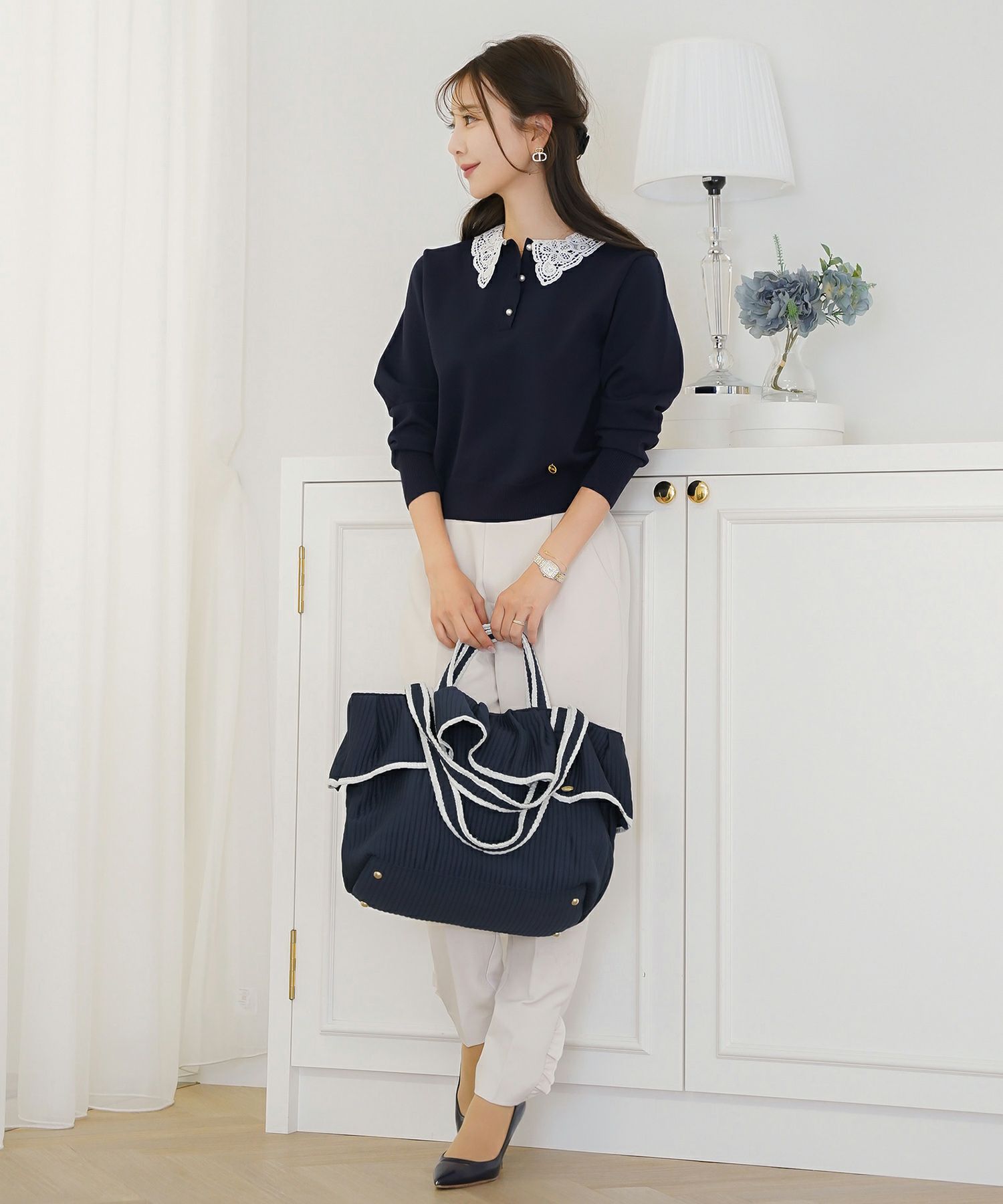 レディース/バッグ/グッズ/トートバッグ/大容量/ハンドル/肩掛け/フリル/チャコール/ピンク/クリーム/ベージュ/オールシーズン/ママ/ベビーカー/お出かけ/産前産後/入院バッグ/かわいい/フェミニン/上品/ナチュラル/カジュアル