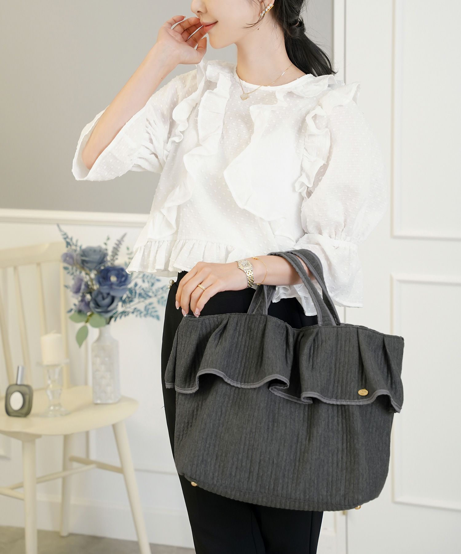 レディース/バッグ/グッズ/トートバッグ/大容量/ハンドル/肩掛け/フリル/チャコール/ピンク/クリーム/ベージュ/オールシーズン/ママ/ベビーカー/お出かけ/産前産後/入院バッグ/かわいい/フェミニン/上品/ナチュラル/カジュアル