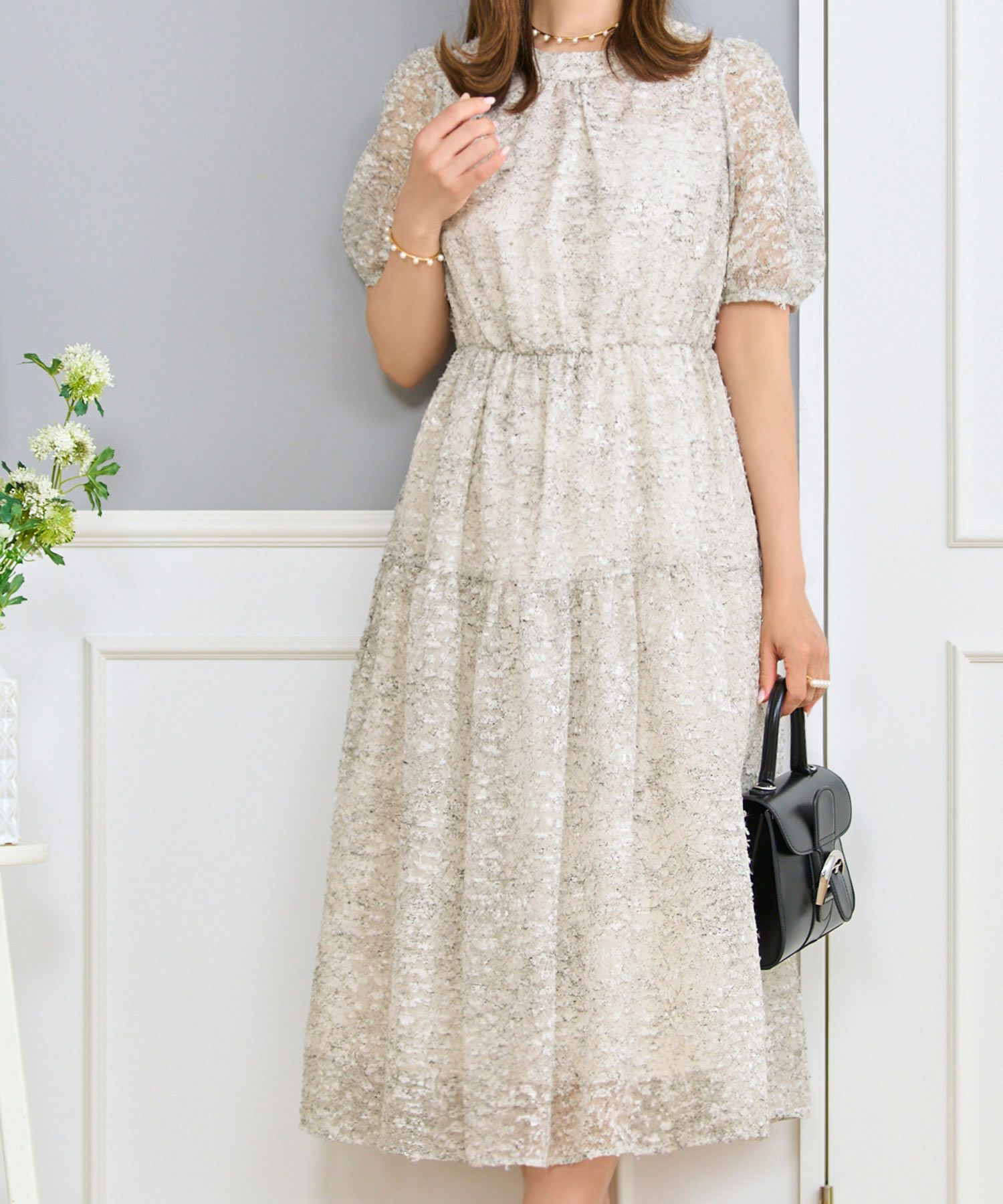 ワンピースレディースウエストゴム半袖シアー素材フリンジ春夏秋軽い洗える白柄フレアきれいめかわいい大人ジョイントスペース