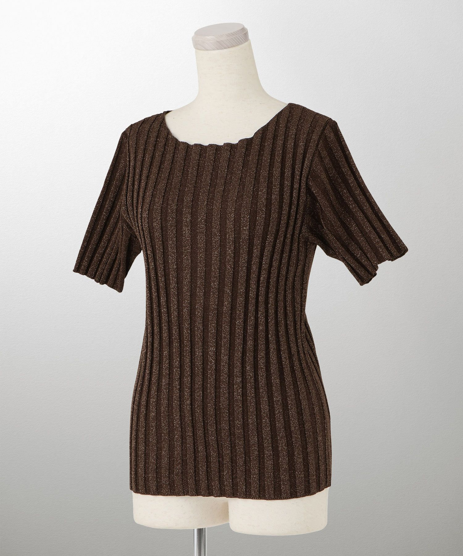 セレクト レディース トップス  プルオーバー サマーニット  リブニット ラメ 半袖 きれいめ 上品 洗える ブルー ベージュ ブラウン ブラック M 