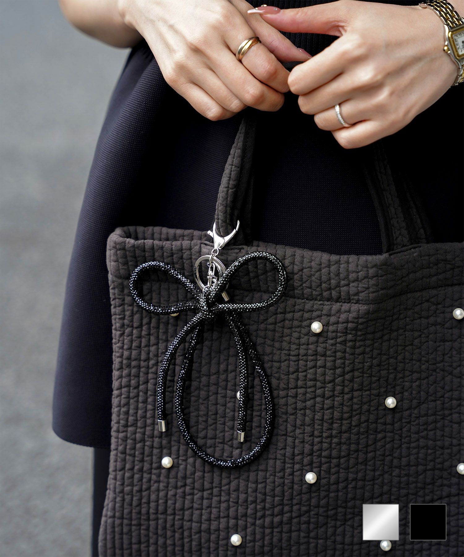 セレクト ストーンリボン バッグチャーム HUIT シルバー ブラック