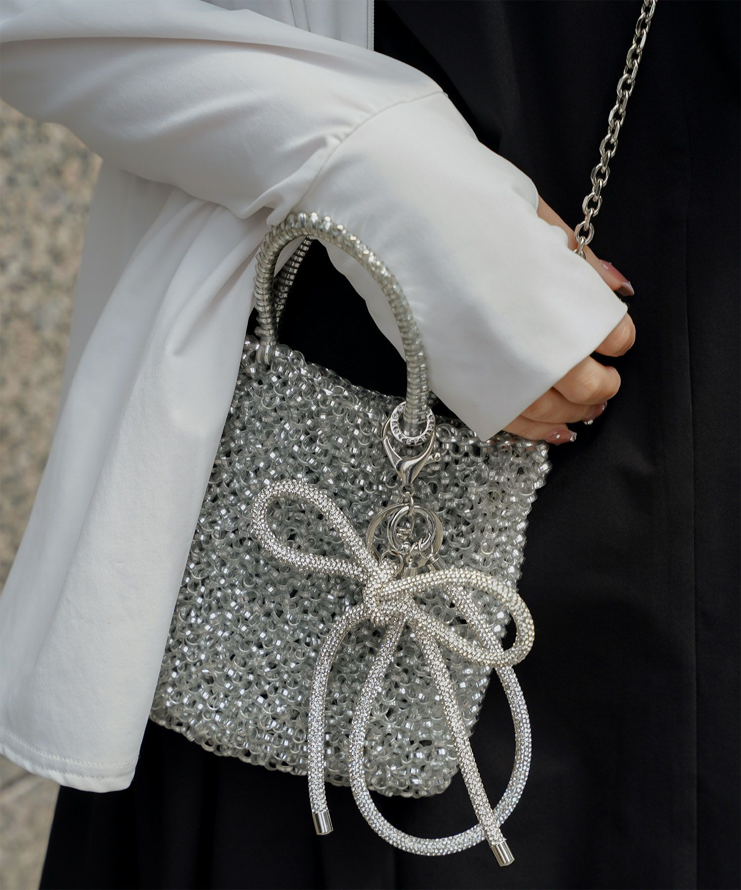 セレクト レディース キラキラ リボン チャーム きれいめ 大人可愛い トレンド/シルバー/ブラック/フリー/ラインストーン