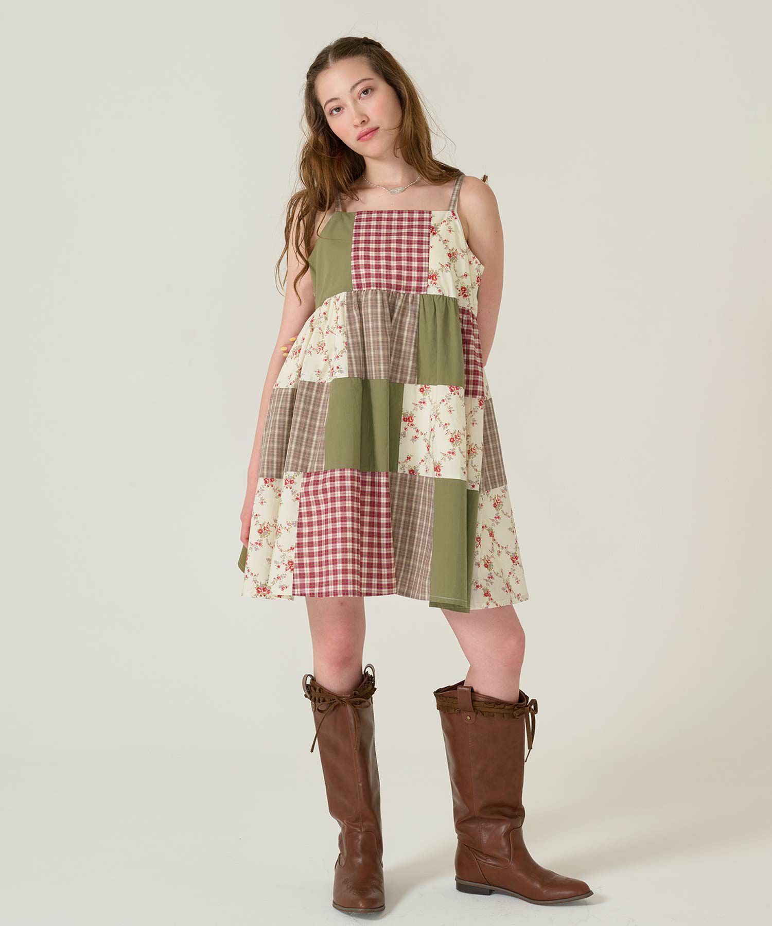 キャミ/ワンピース/パッチワーク/カーキ