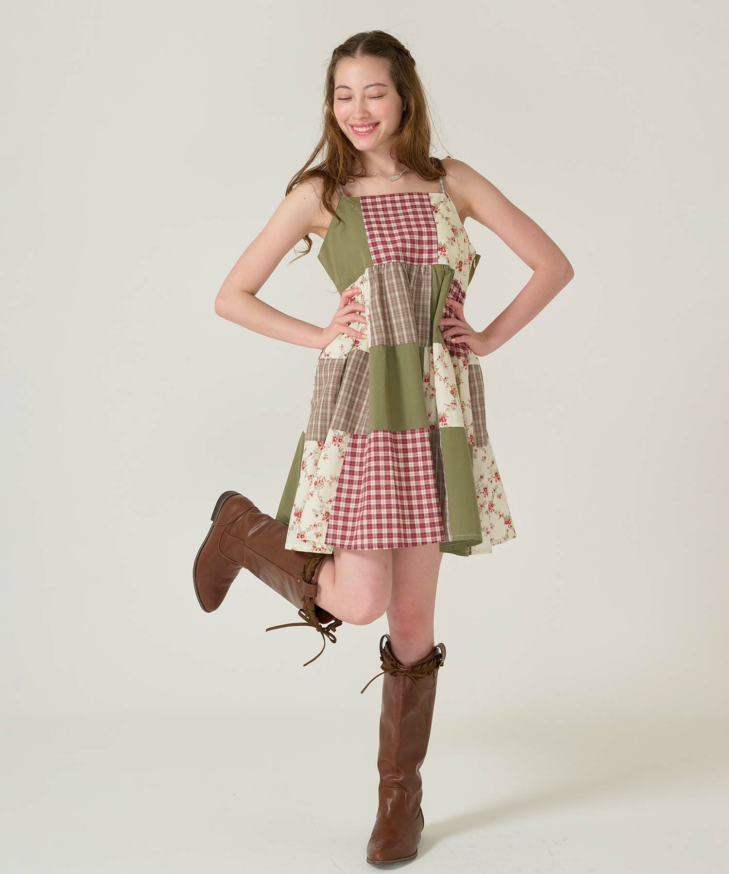 キャミ/ワンピース/パッチワーク/カーキ