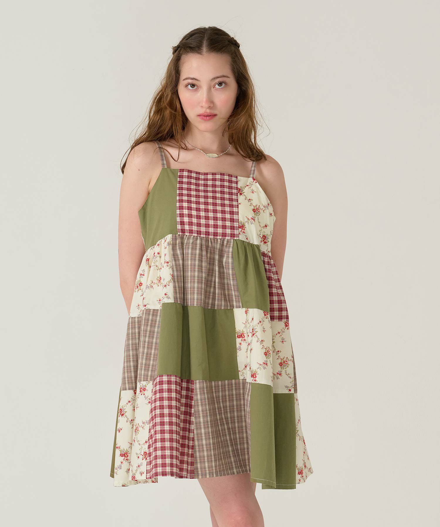 キャミ/ワンピース/パッチワーク/カーキ