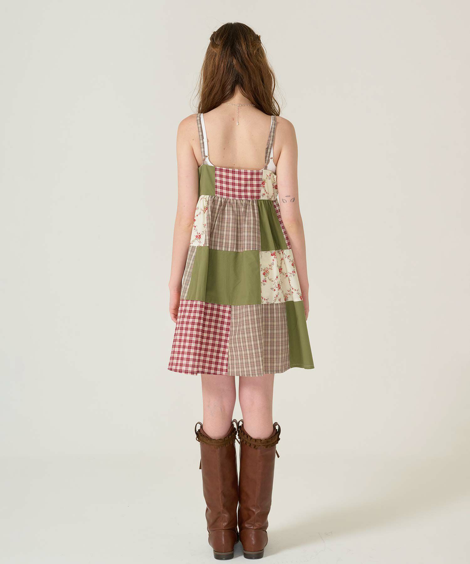 キャミ/ワンピース/パッチワーク/カーキ