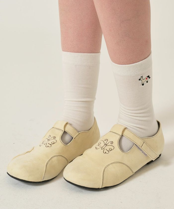 刺繍/フェイクスエード/シューズ/クリーム