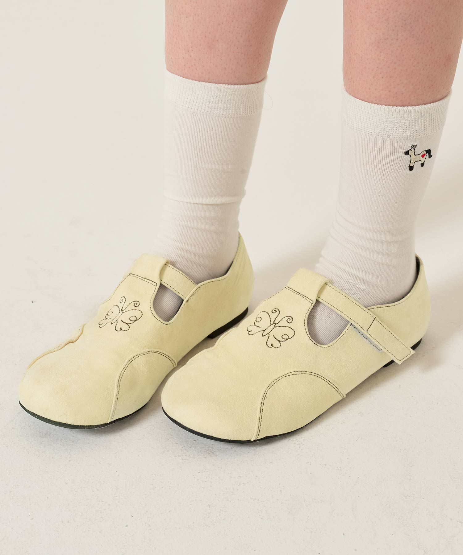 刺繍/フェイクスエード/シューズ/クリーム