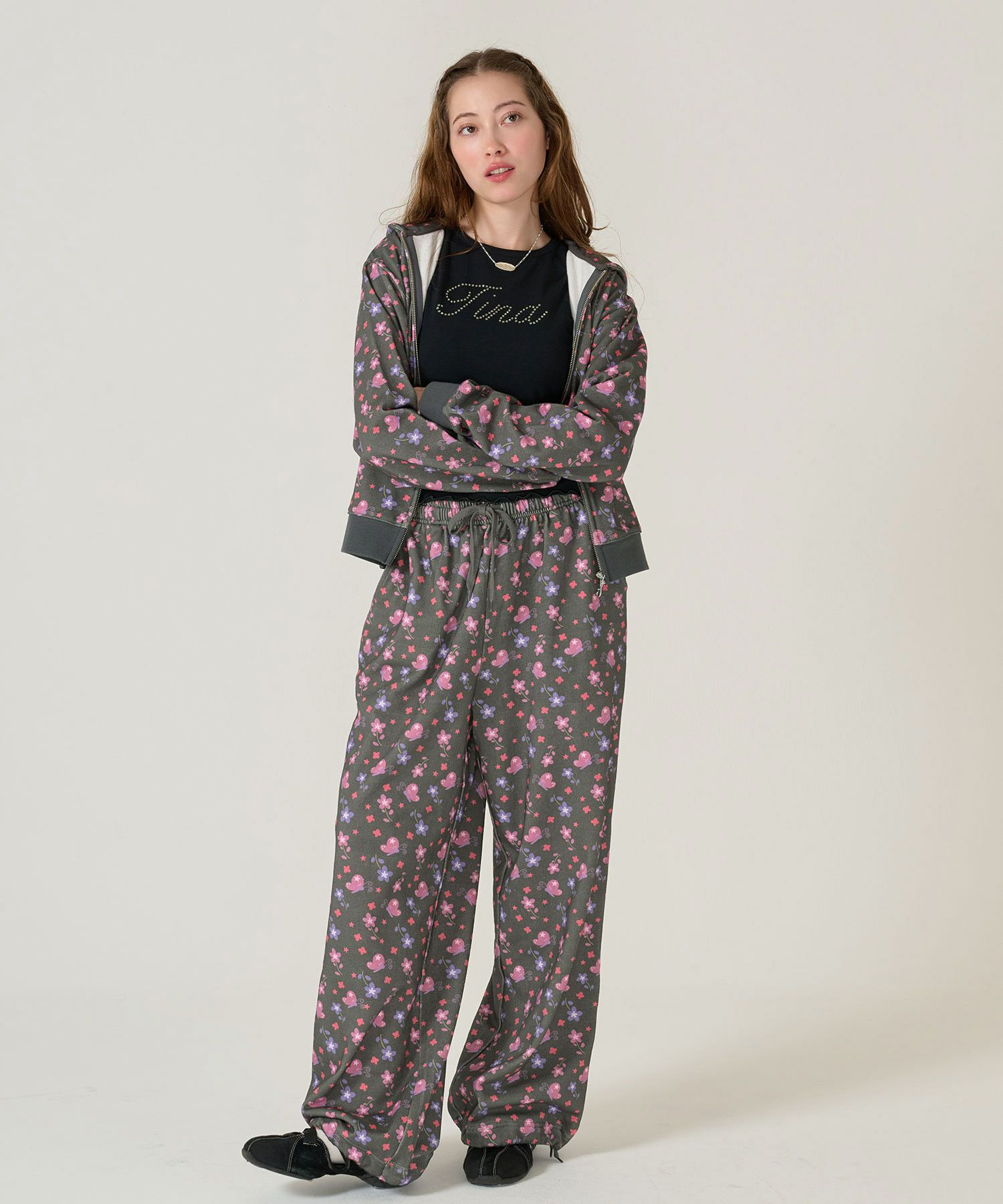 フーディ/花柄/パーカー/ブラック