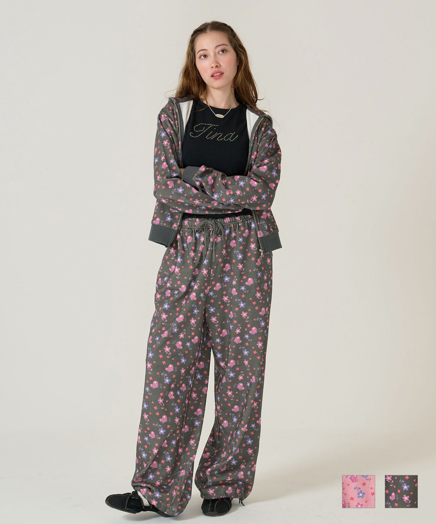 パンツ/スウェット/花柄/ブラック