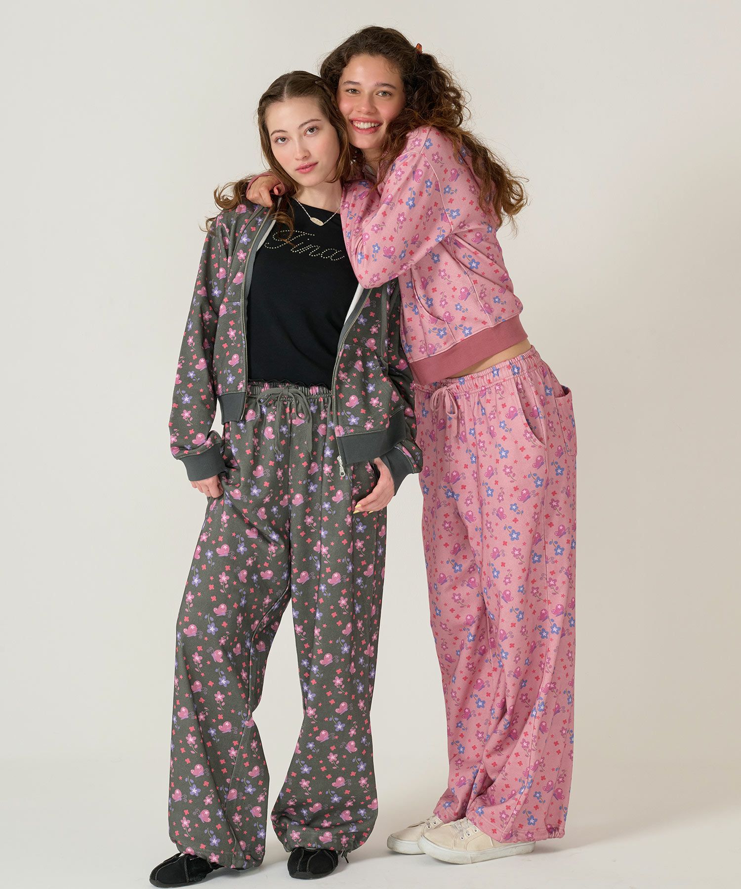 パンツ/スウェット/花柄/ブラック/ピンク