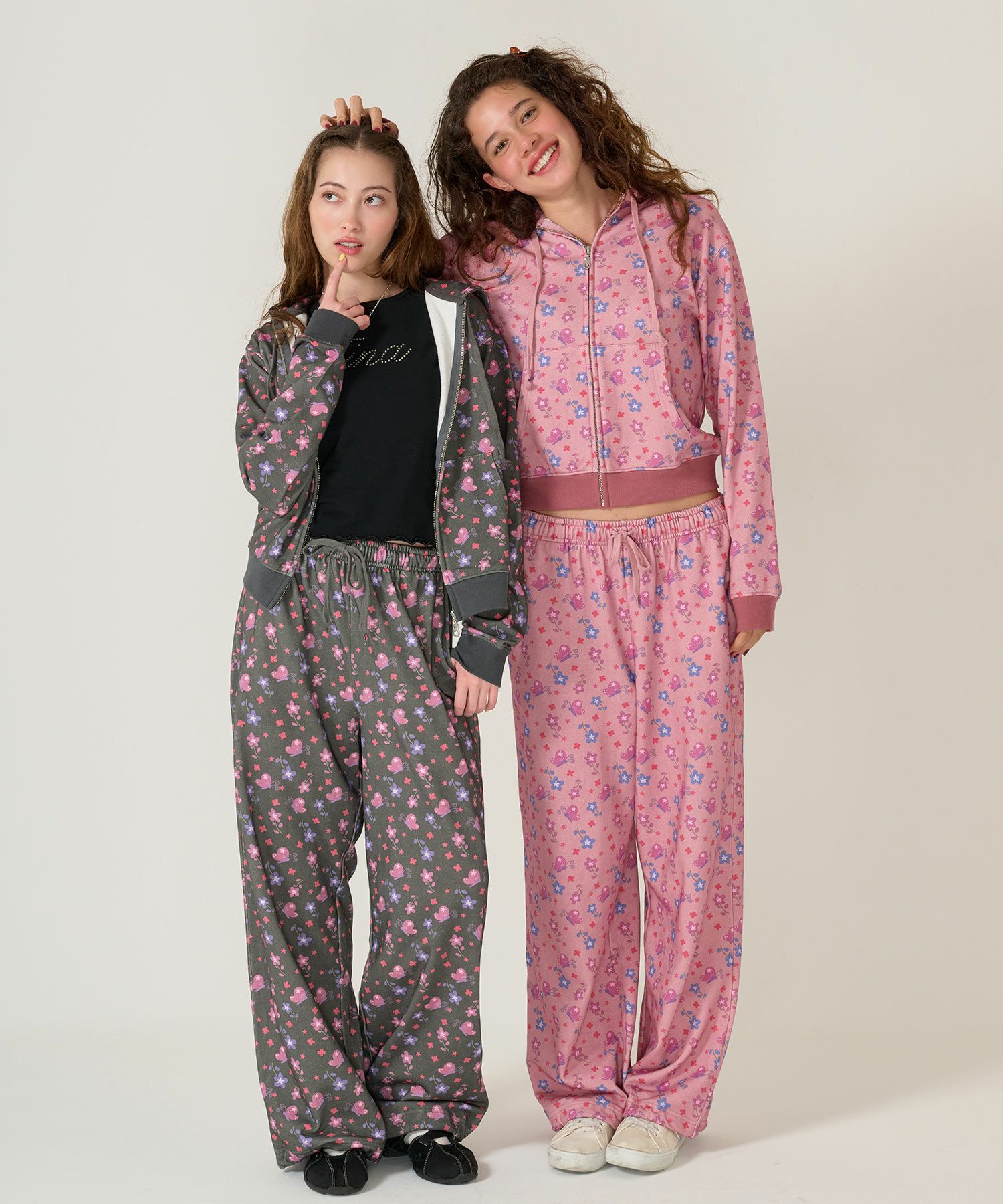 パンツ/スウェット/花柄/ブラック/ピンク