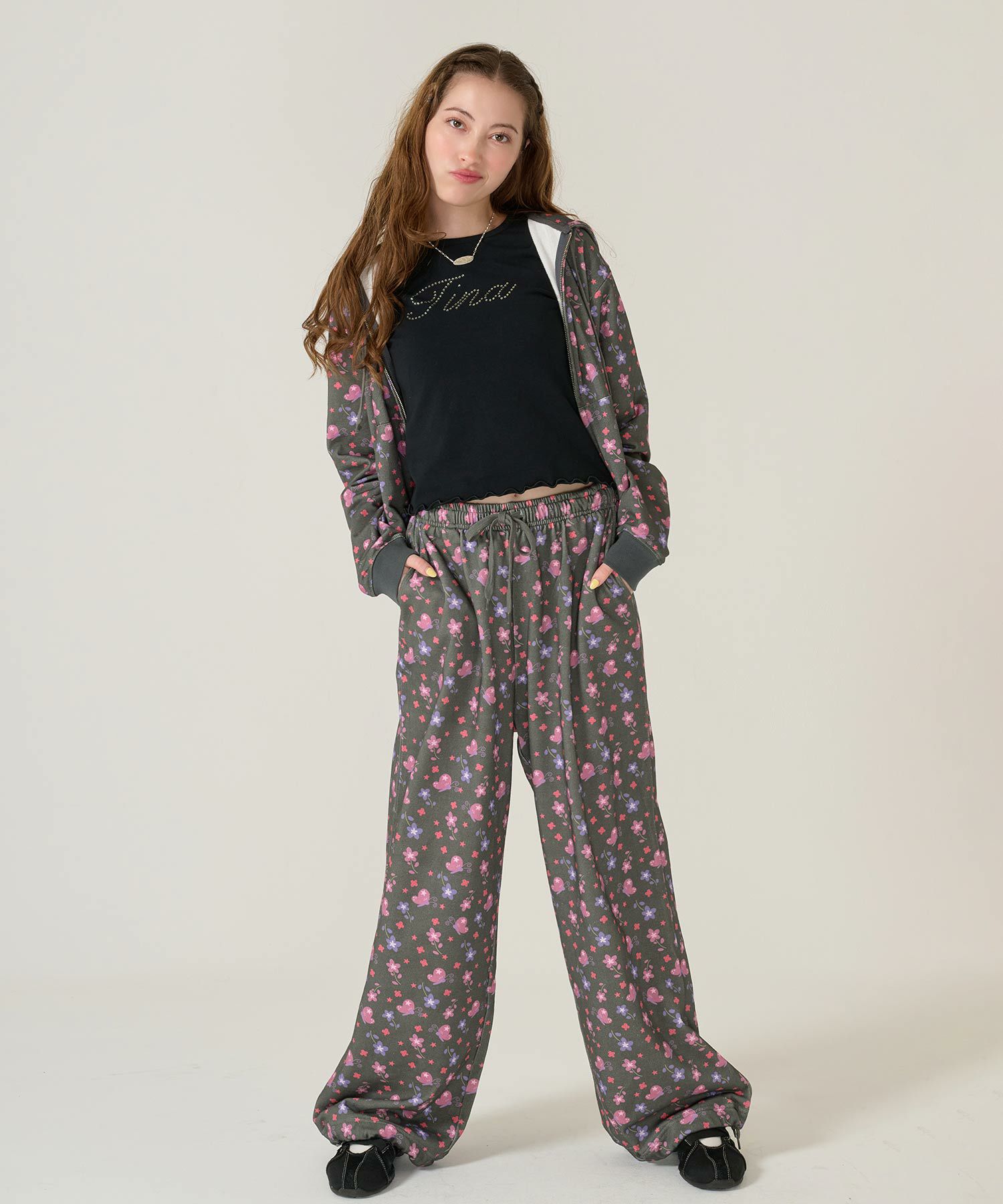 パンツ/スウェット/花柄/ブラック