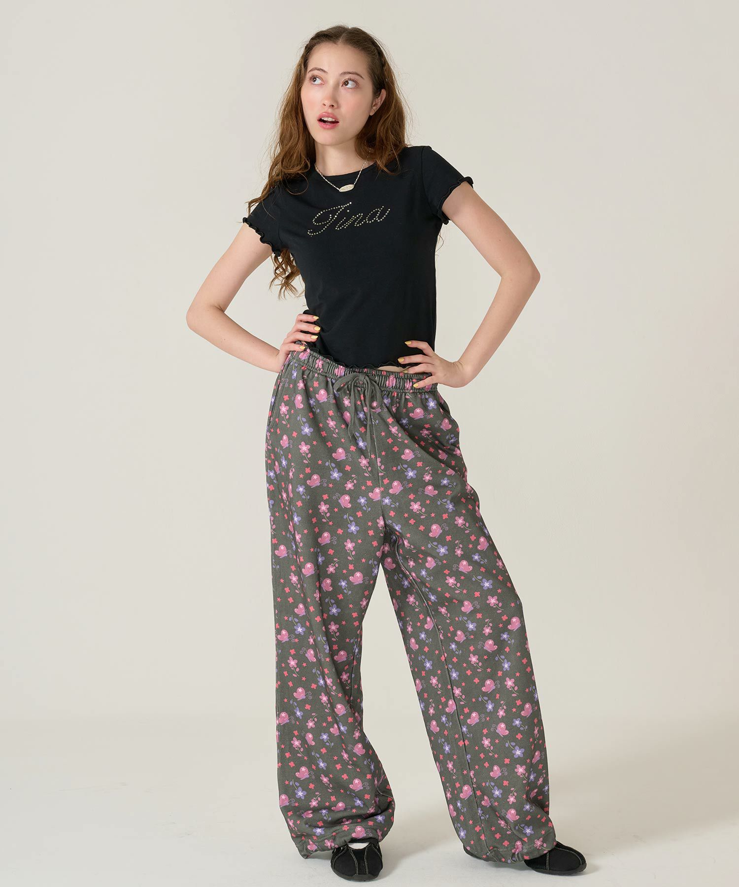 パンツ/スウェット/花柄/ブラック