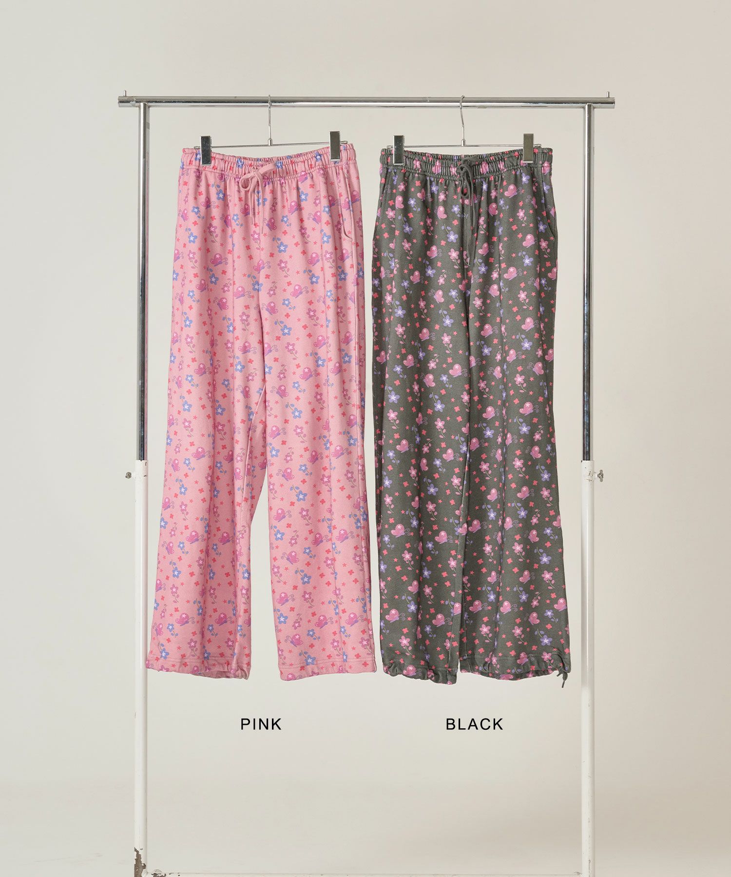 パンツ/スウェット/花柄/ブラック/ピンク