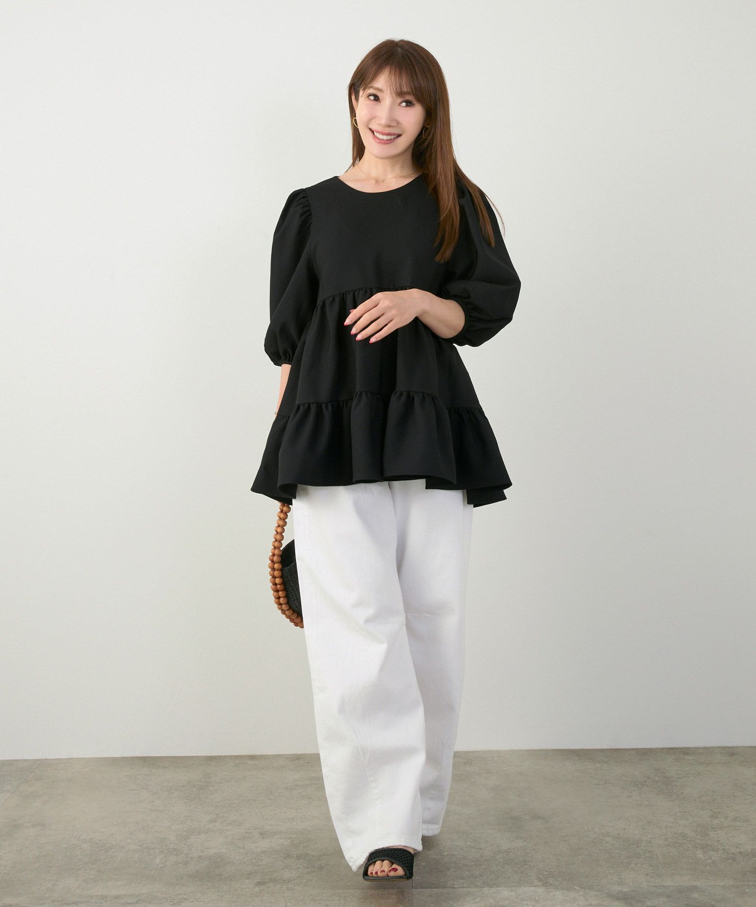 手洗い可上品きれいめパフ袖大人カジュアルオフィスフォーマルフェミニン体型カバージョイントスペース