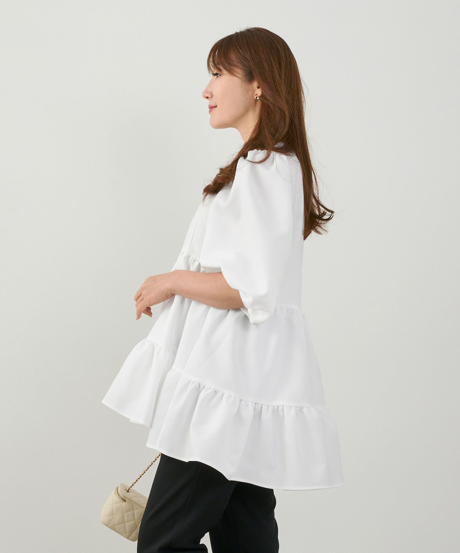 手洗い可上品きれいめパフ袖大人カジュアルオフィスフォーマルフェミニン体型カバージョイントスペース