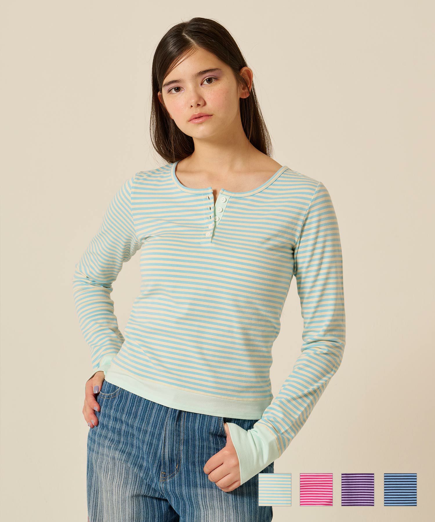  ボーダー/ ヘンリーネック/ロンT/ネイビー