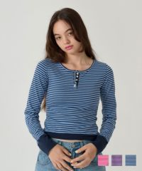  ボーダー/ ヘンリーネック/ロンT/ネイビー