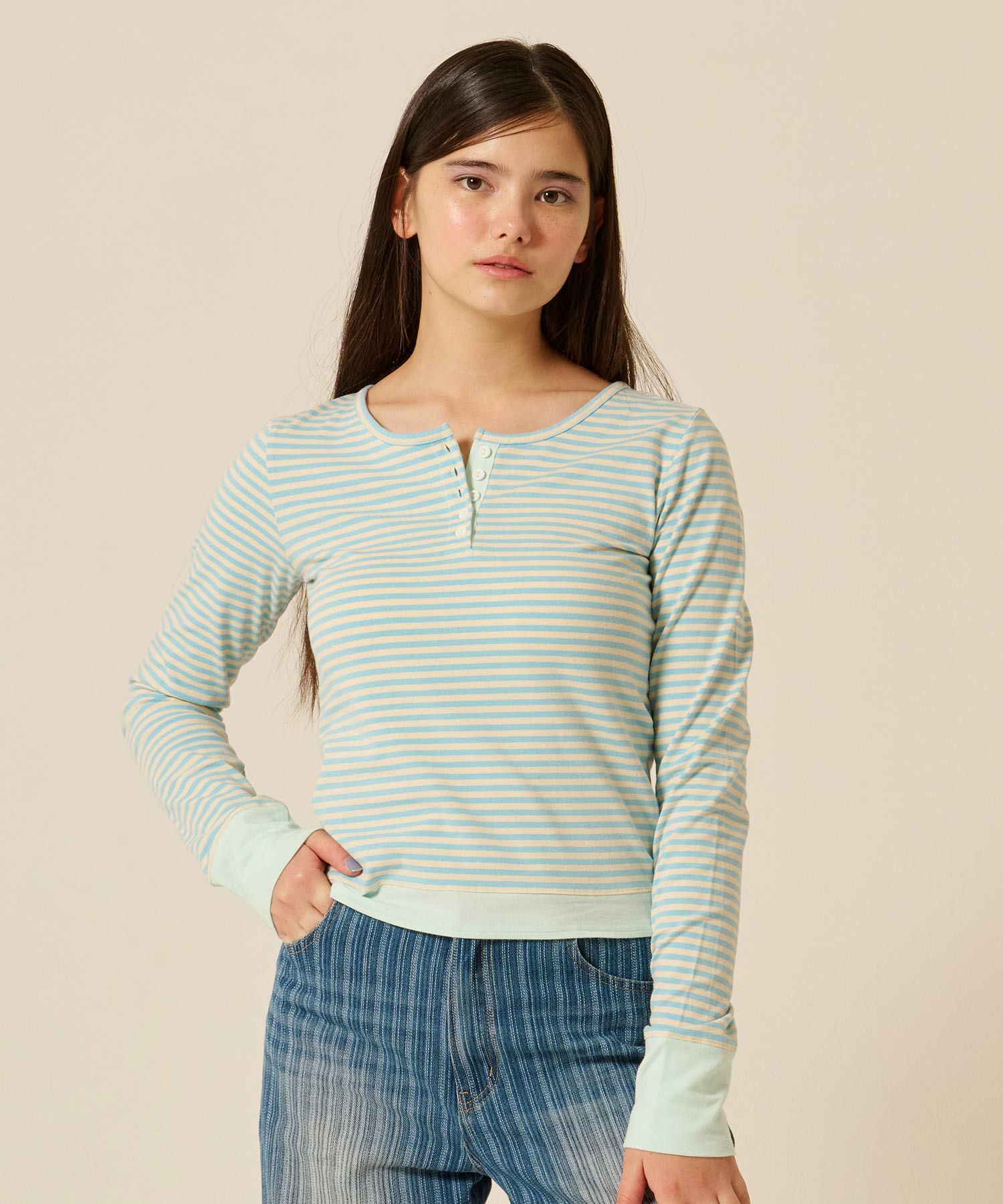  ボーダー/ ヘンリーネック/ロンT/ピン