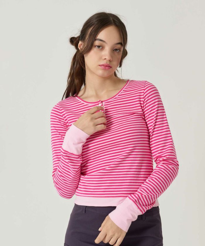  ボーダー/ ヘンリーネック/ロンT/ピン