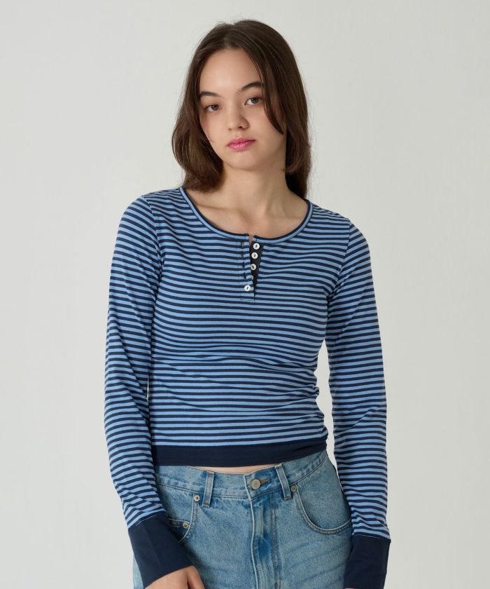  ボーダー/ ヘンリーネック/ロンT/ネイビー