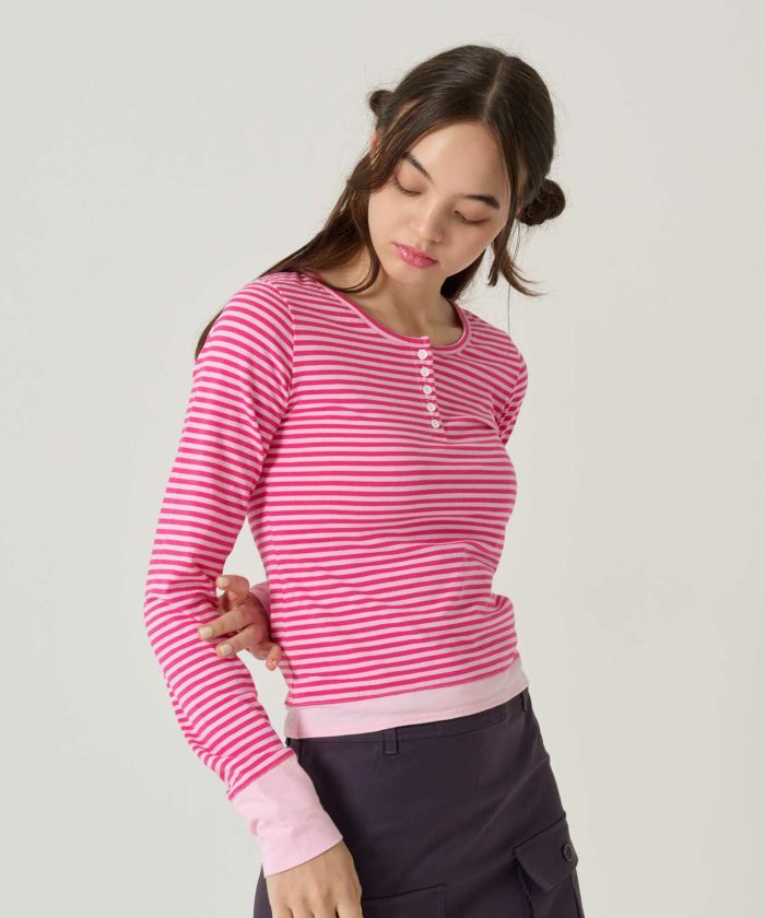  ボーダー/ ヘンリーネック/ロンT/ピン