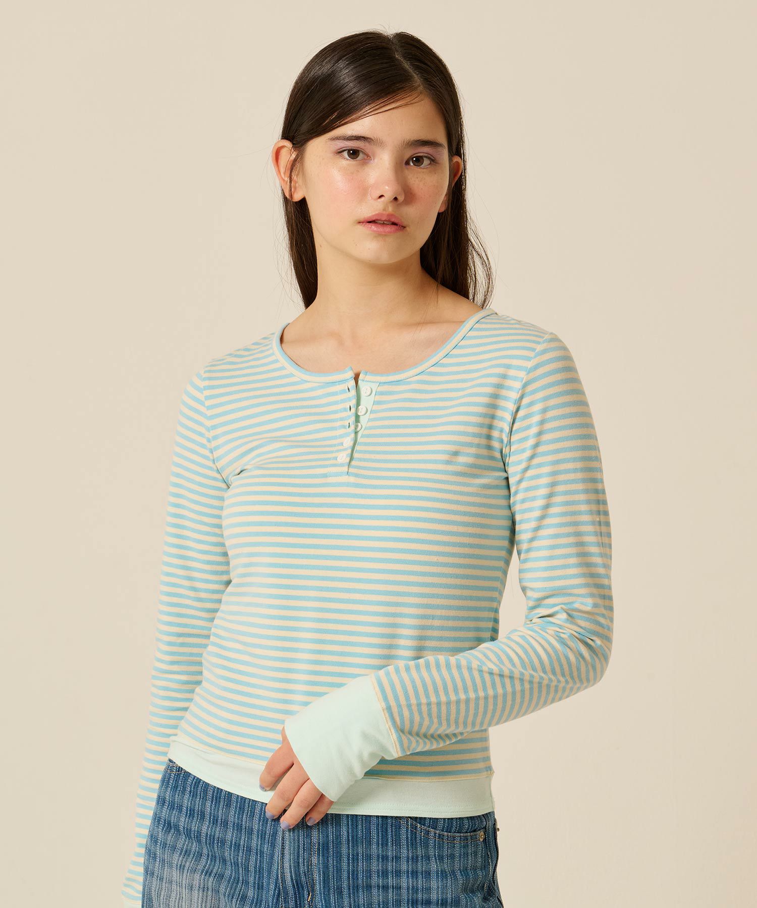  ボーダー/ ヘンリーネック/ロンT/ピン