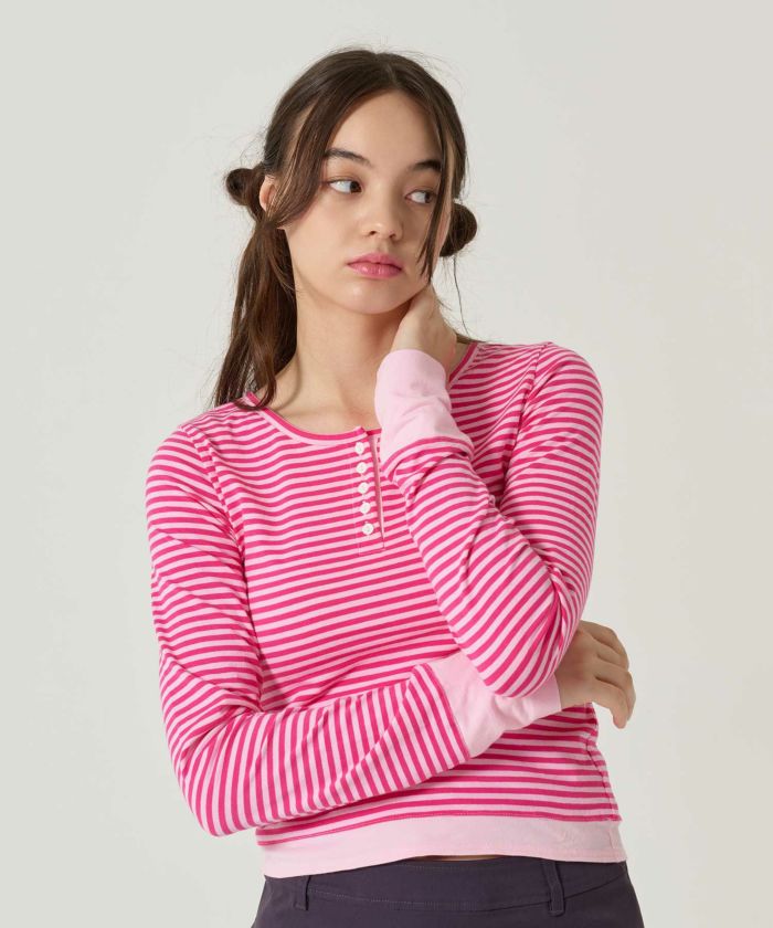  ボーダー/ ヘンリーネック/ロンT/ピン