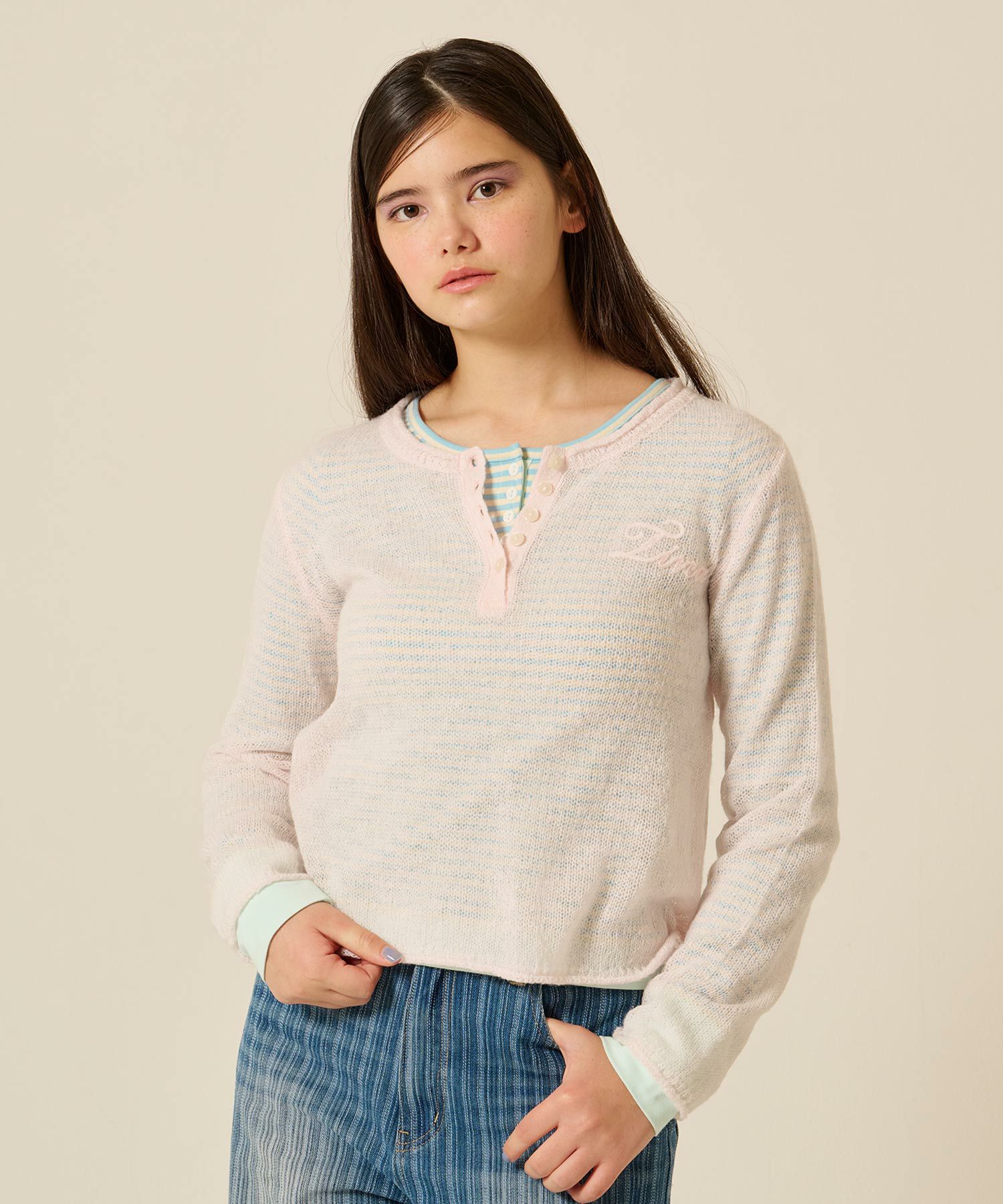  ボーダー/ ヘンリーネック/ロンT/ピン