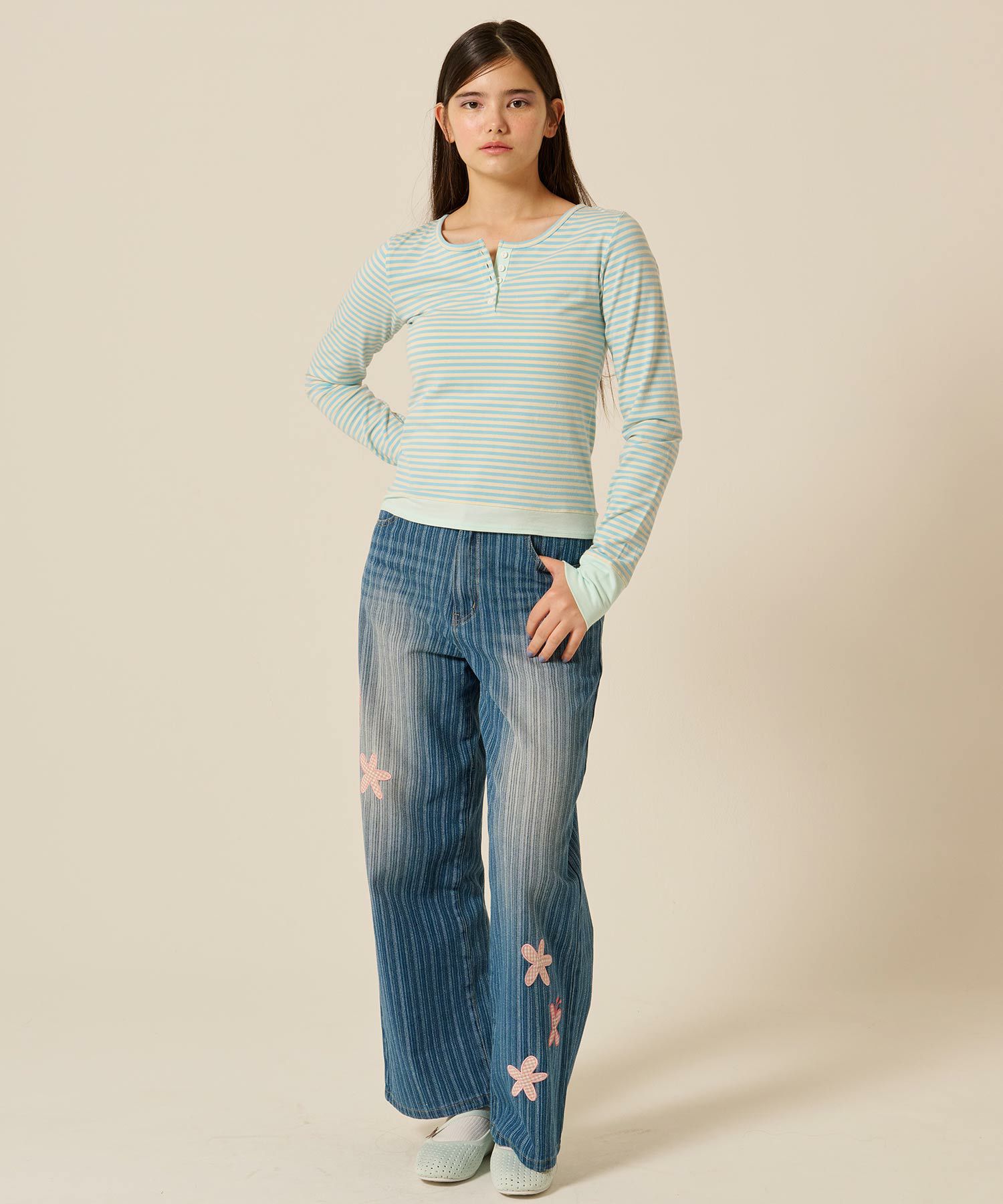  ボーダー/ ヘンリーネック/ロンT/ピンク