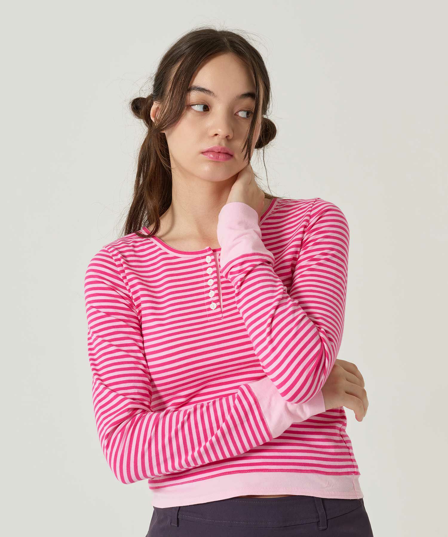  ボーダー/ ヘンリーネック/ロンT/パープル