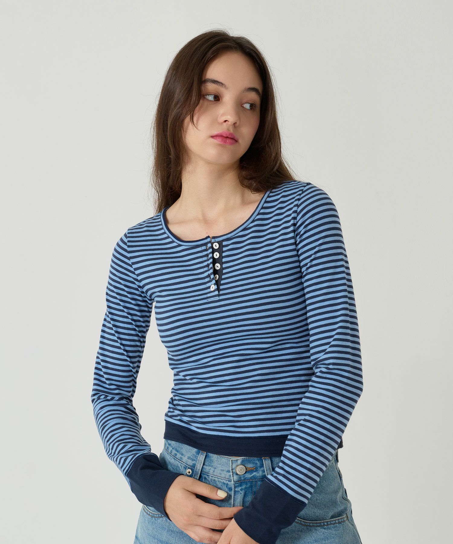  ボーダー/ ヘンリーネック/ロンT/ネイビー