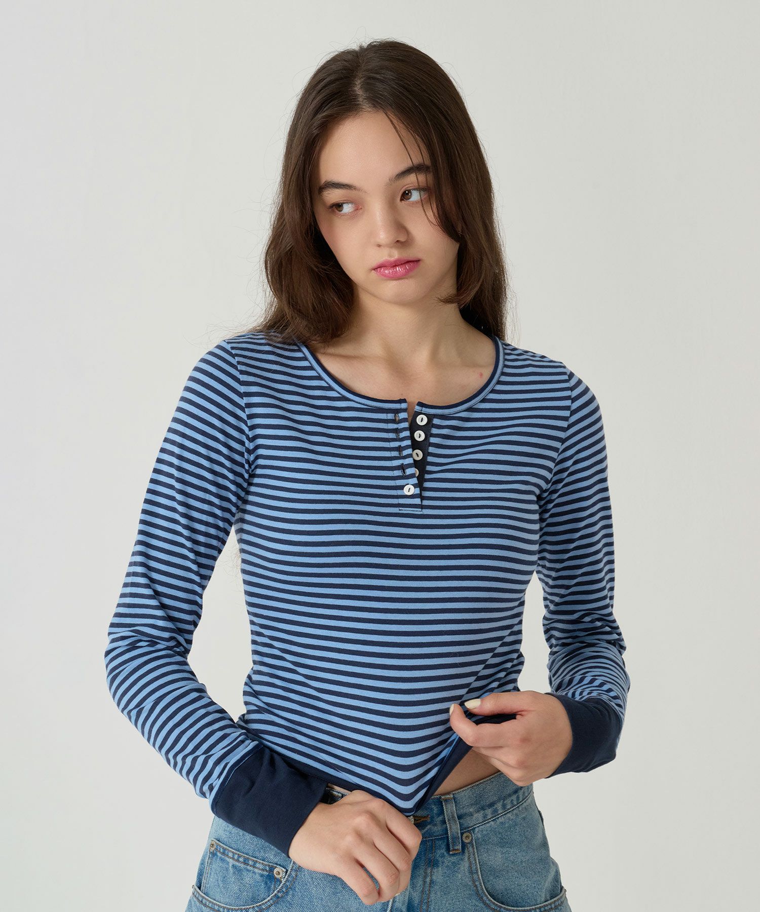  ボーダー/ ヘンリーネック/ロンT/ネイビー