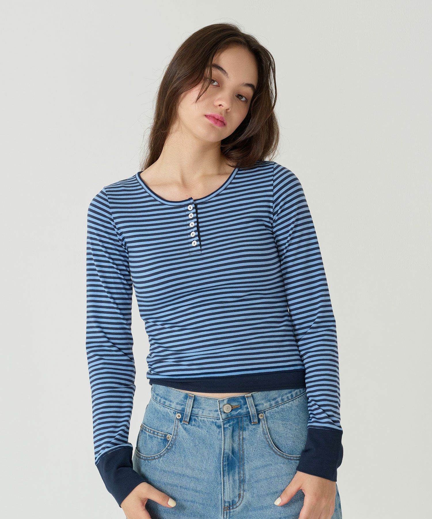 ボーダー/ ヘンリーネック/ロンT/ネイビー