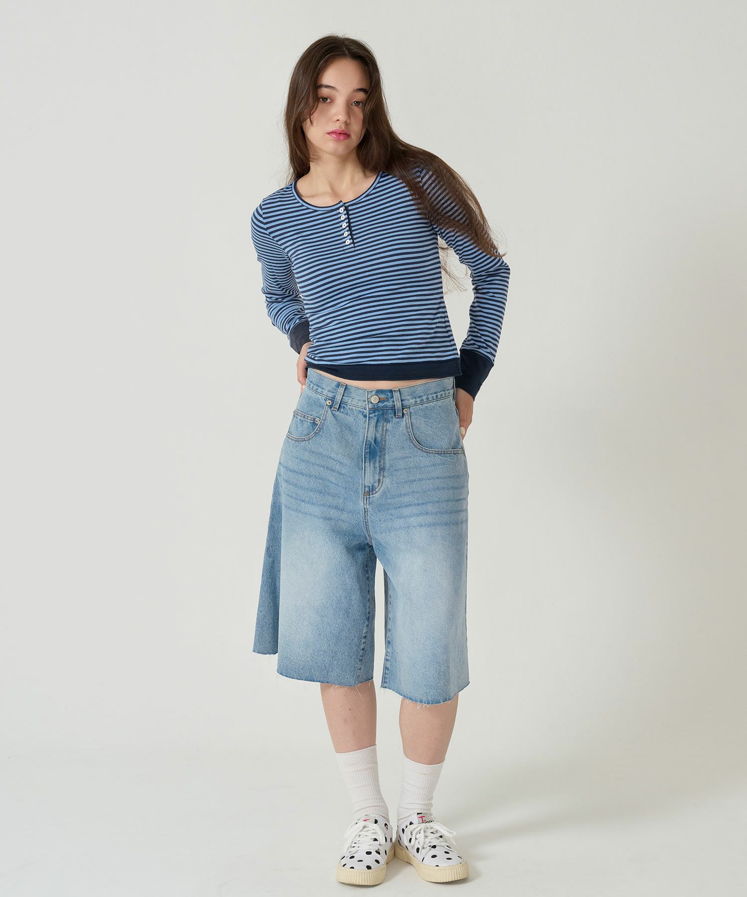  ボーダー/ ヘンリーネック/ロンT/ネイビー