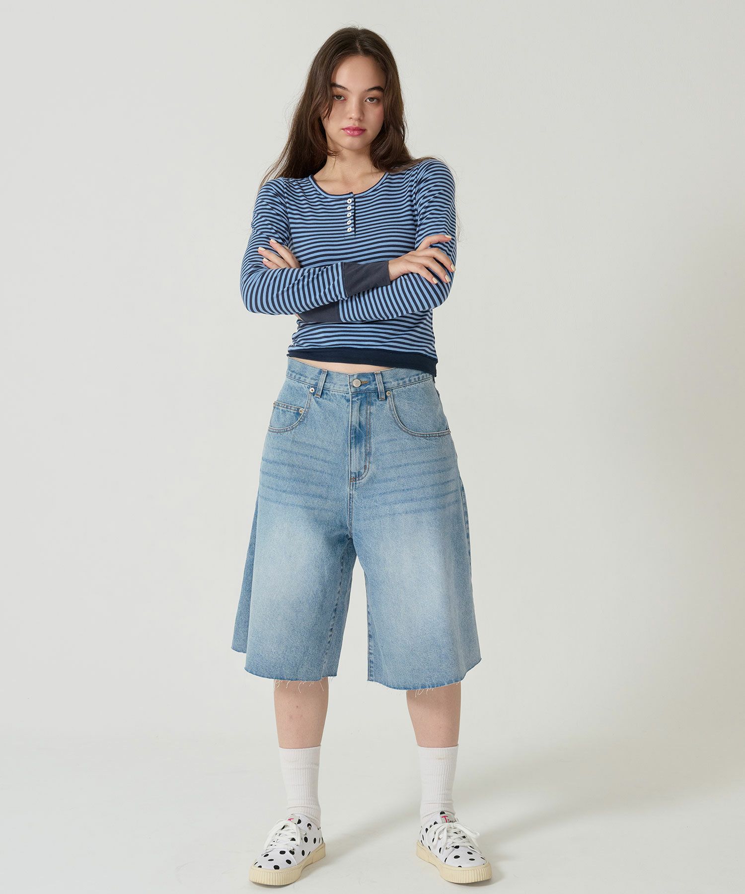  ボーダー/ ヘンリーネック/ロンT/ネイビー